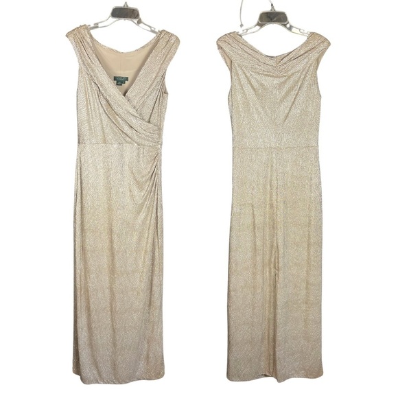 Ralph Lauren Gold Metallic Goddesses Long Maxi Special Event Gown Dress Size‎ 10